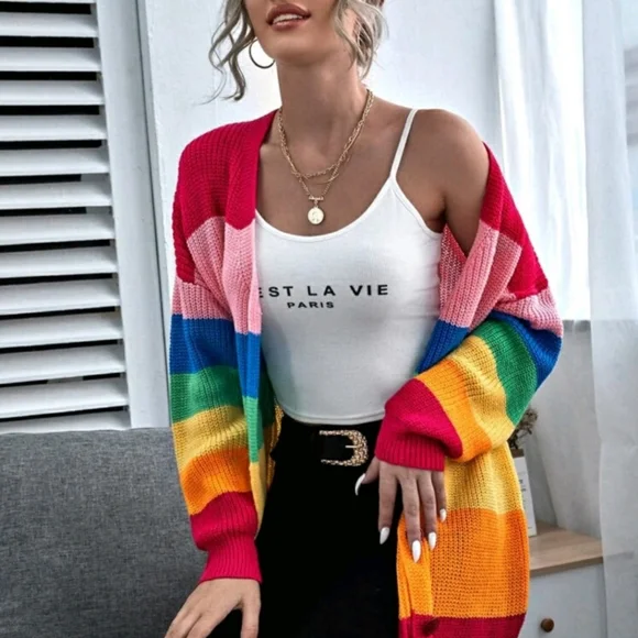 Button Front Drop Shoulder Rainbow Stripe Cardigan - Picture 5 of 7